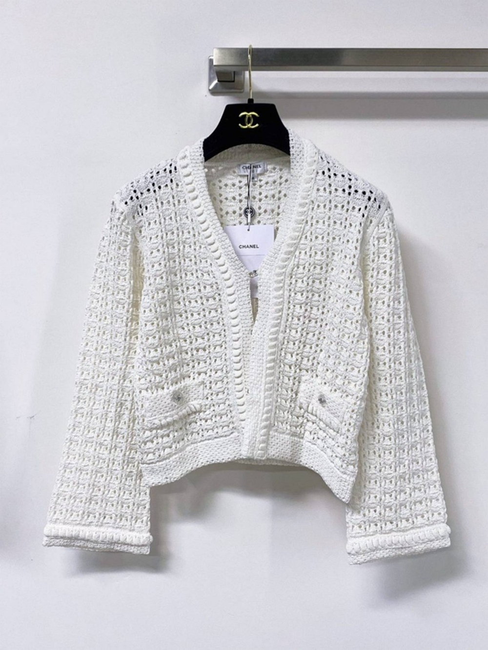 Chanel White Hollow Knit Short Designer Cardigan Jacket